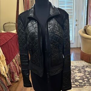 blanc noir Black Quilted Leather Moto Jacket mesh large